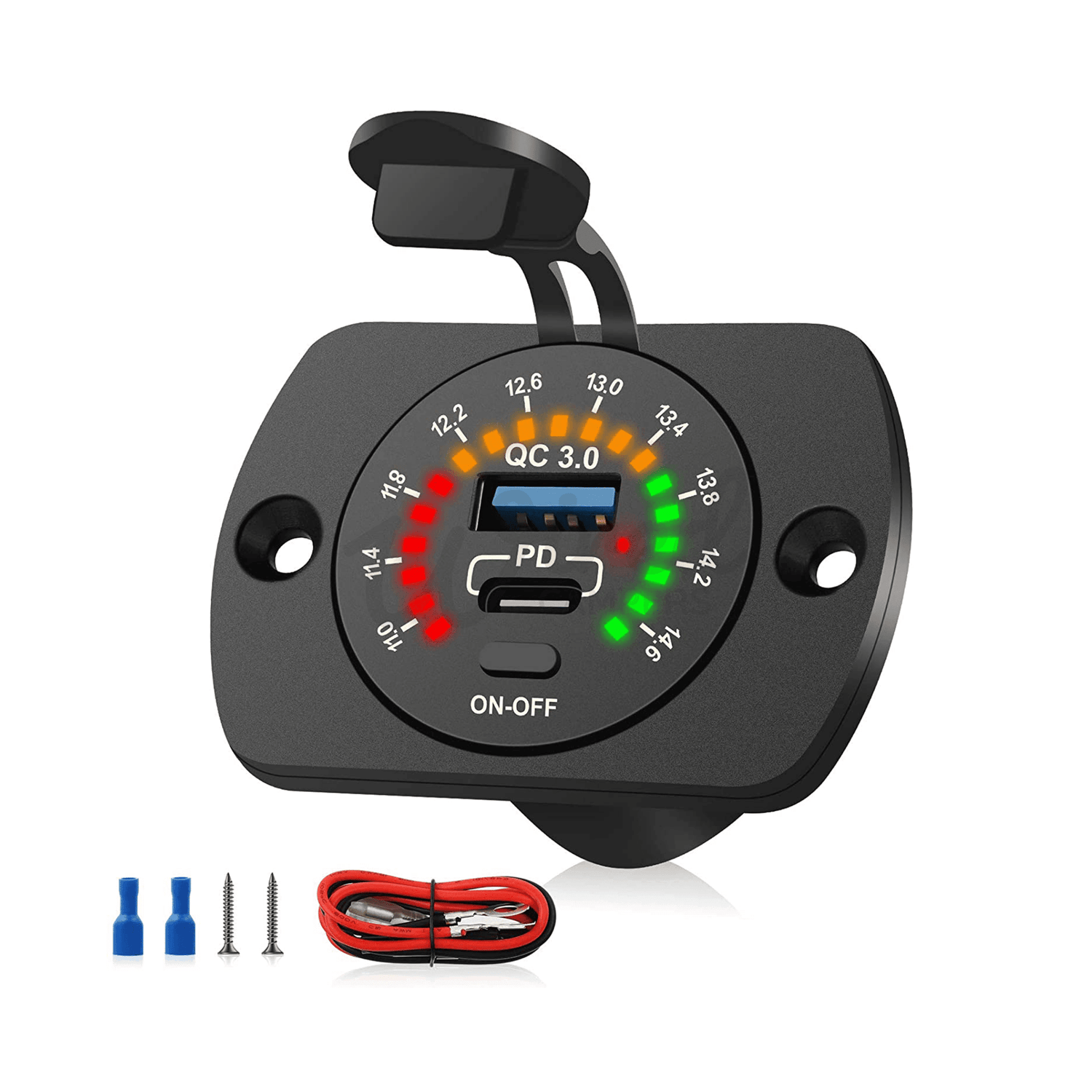 12V Battery Voltmeter & USB C PD 60W Port & Quick Charge 3.0 USB A Port 18W - Wired Campers Limited