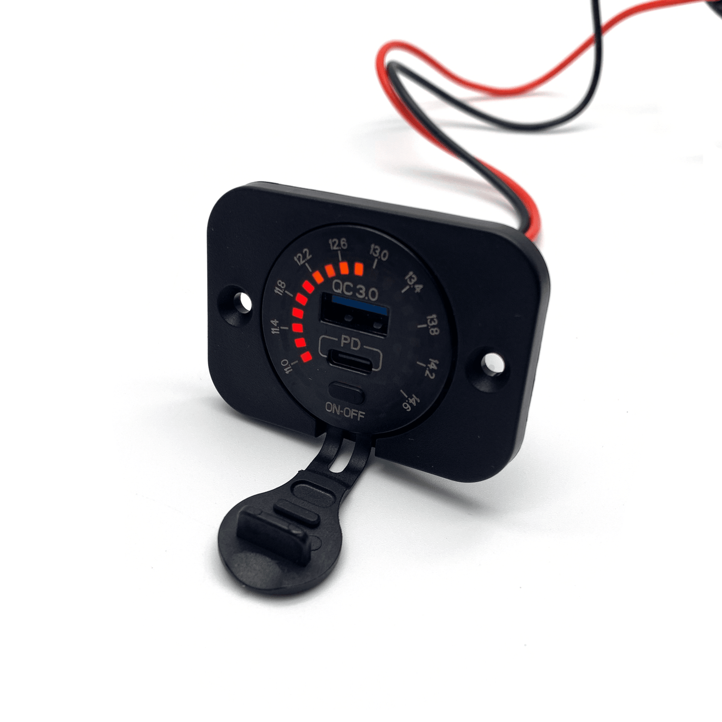 12V Battery Voltmeter & USB C PD 60W Port & Quick Charge 3.0 USB A Port 18W - Wired Campers Limited