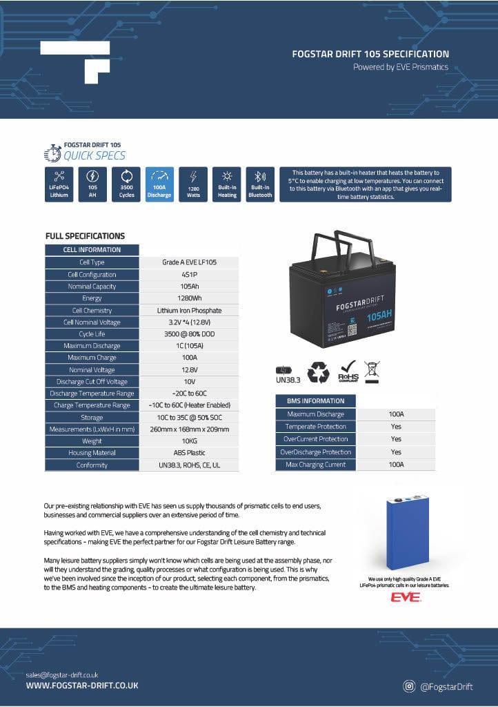 Fogstar Drift 12V 105AH Heated Lithium LiFePO4 Leisure Battery W/Bluetooth - Wired Campers Limited