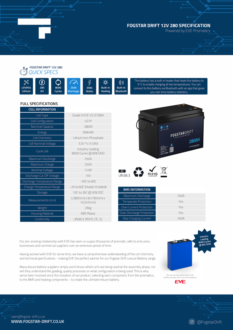 Fogstar Drift 12V 280AH Heated Lithium LiFePO4 Leisure Battery W/Bluetooth - Wired Campers Limited