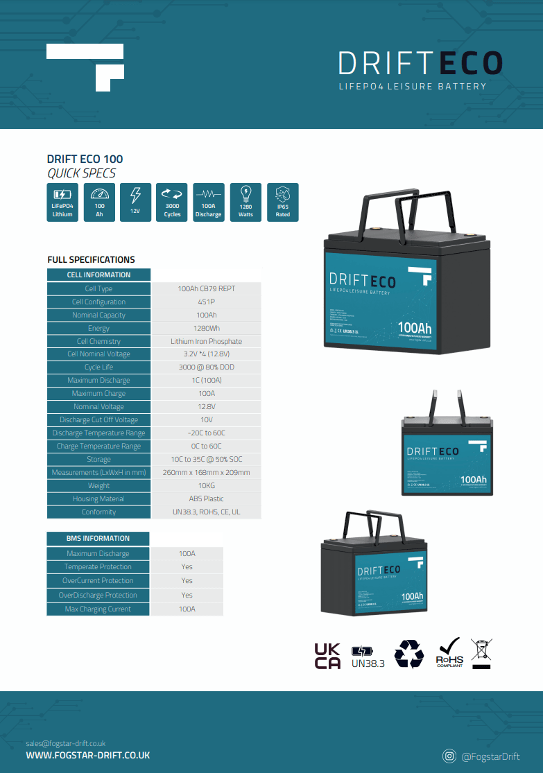 Fogstar Drift ECO 12V 100AH Lithium LiFePO4 Leisure Battery - Wired Campers Limited