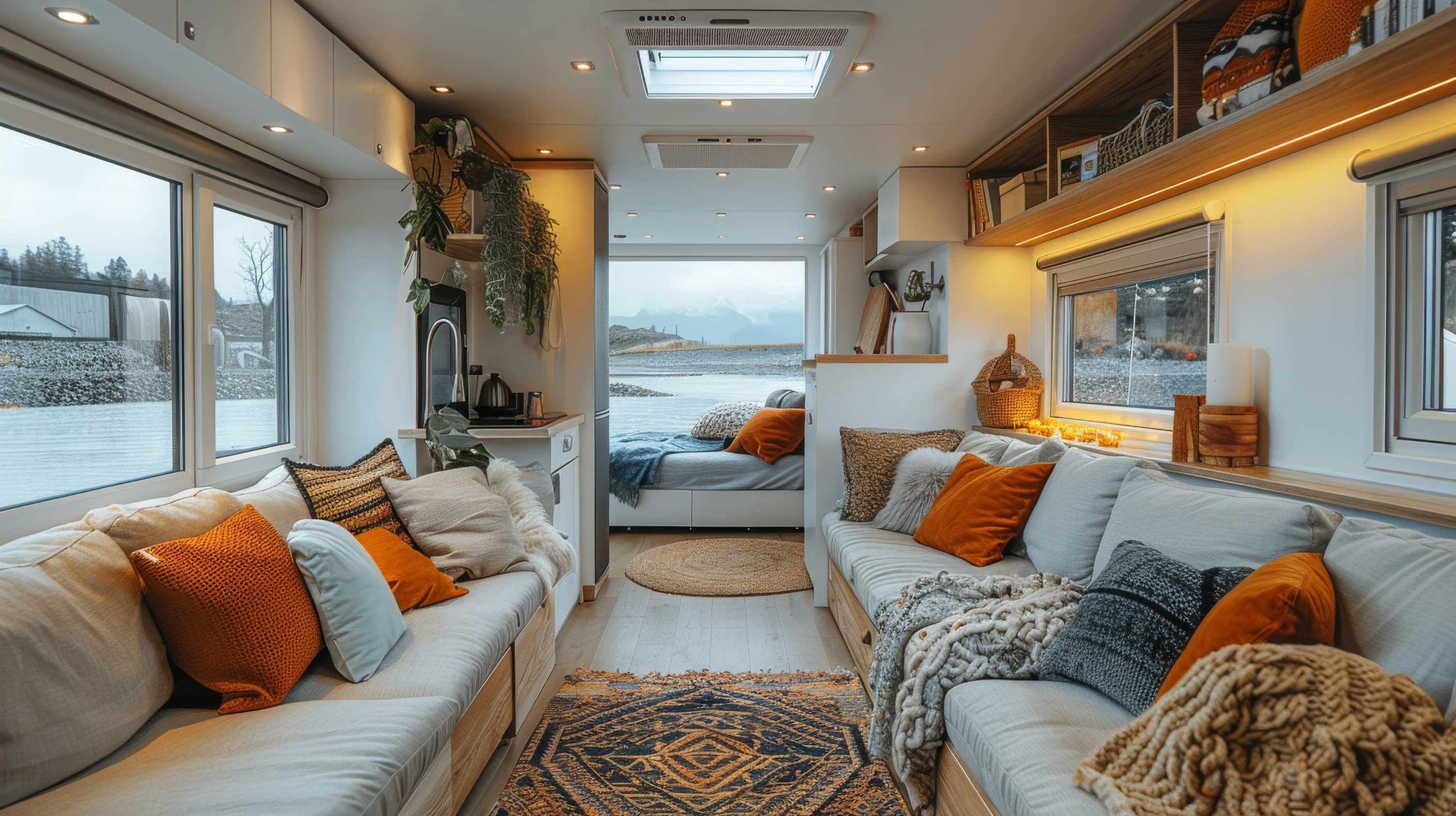 interior of a converted camper van with seating and cushions