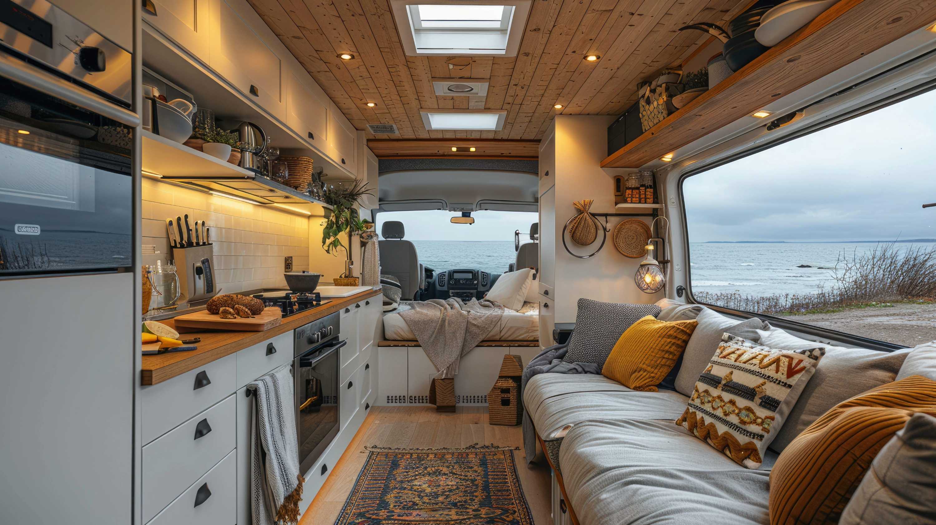 converted camper van with kitchen bedding and appliances