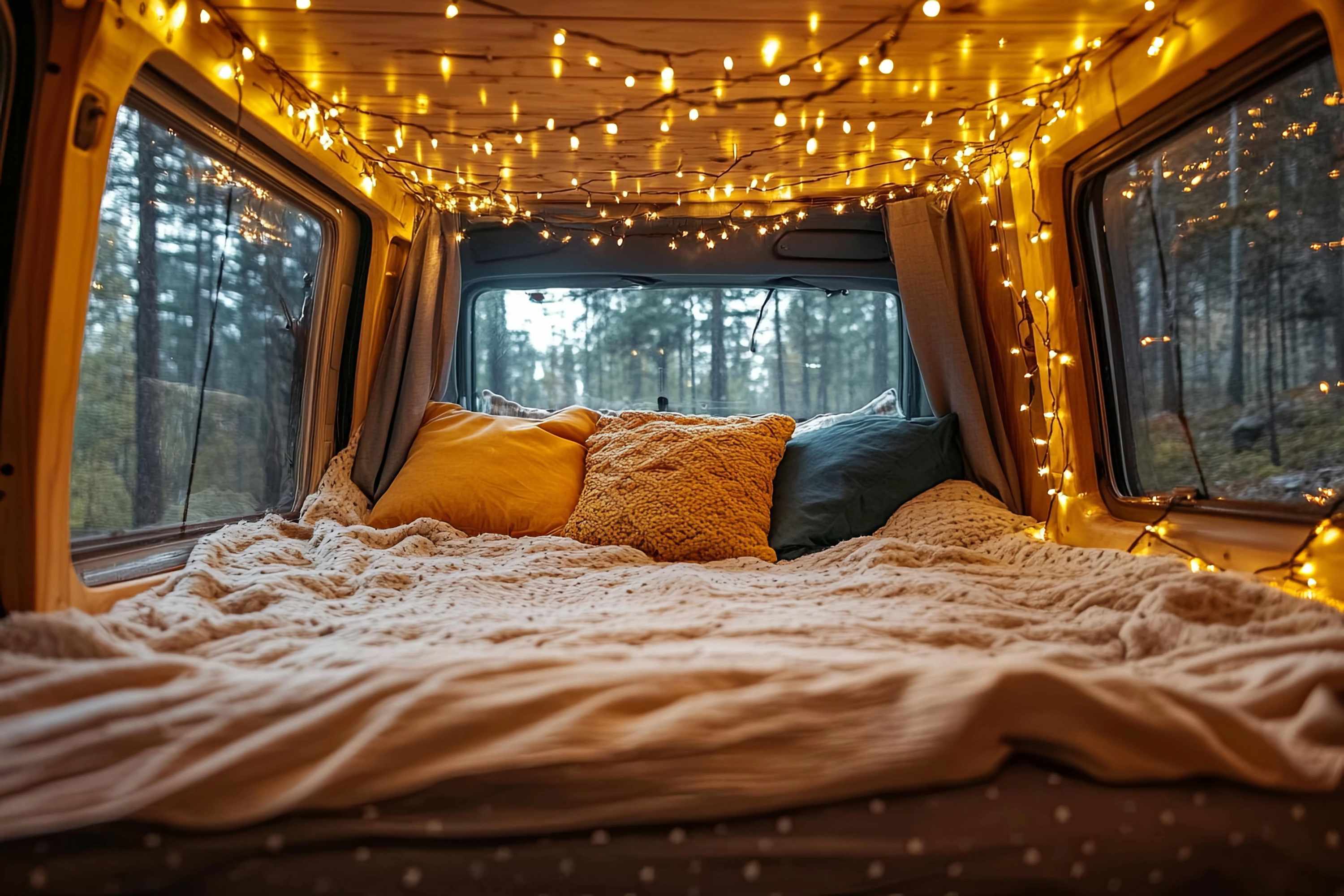 inside of camper van with bed and led light string lighting