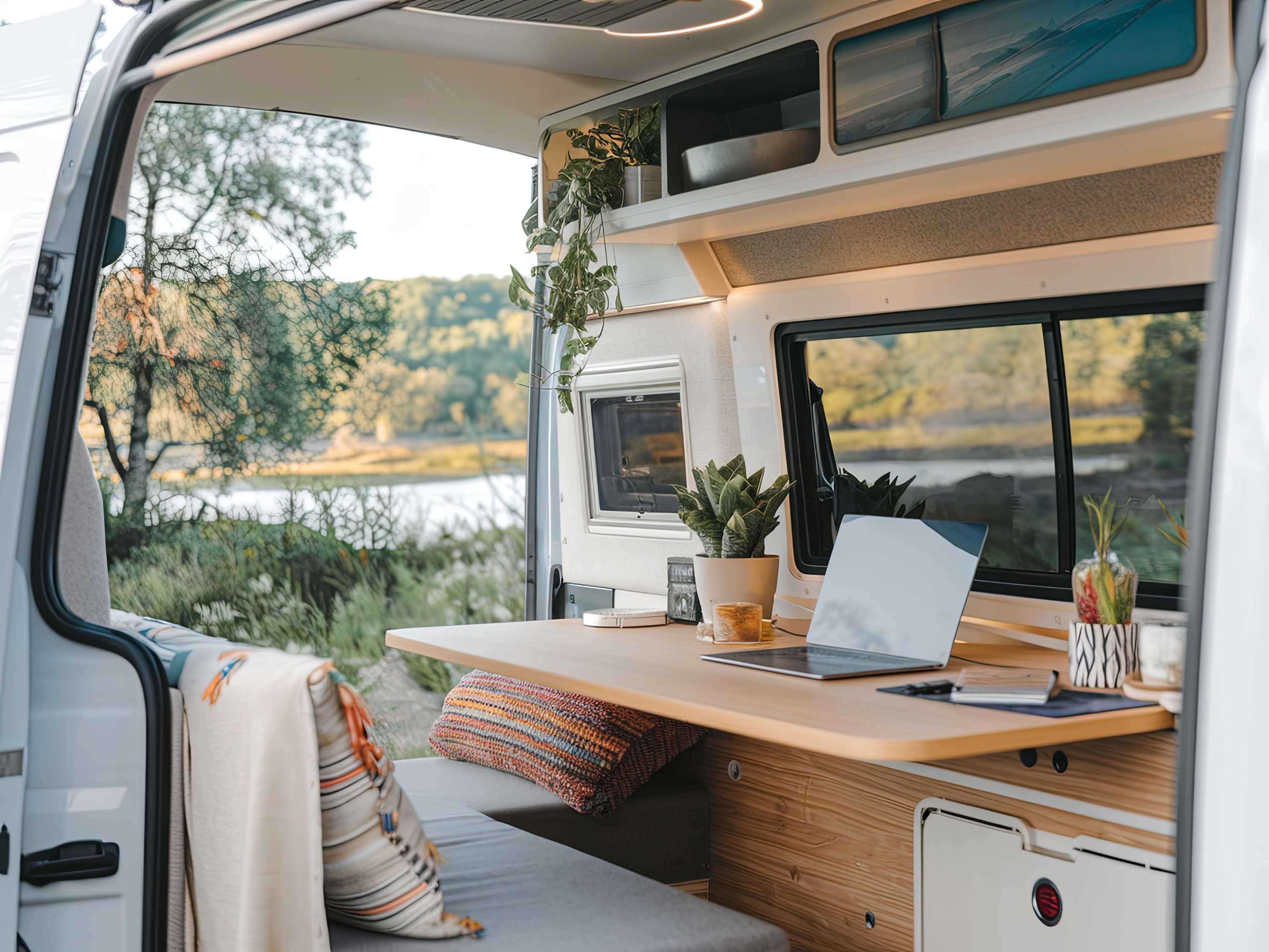 interior of a camper van with laptop and rear doors open