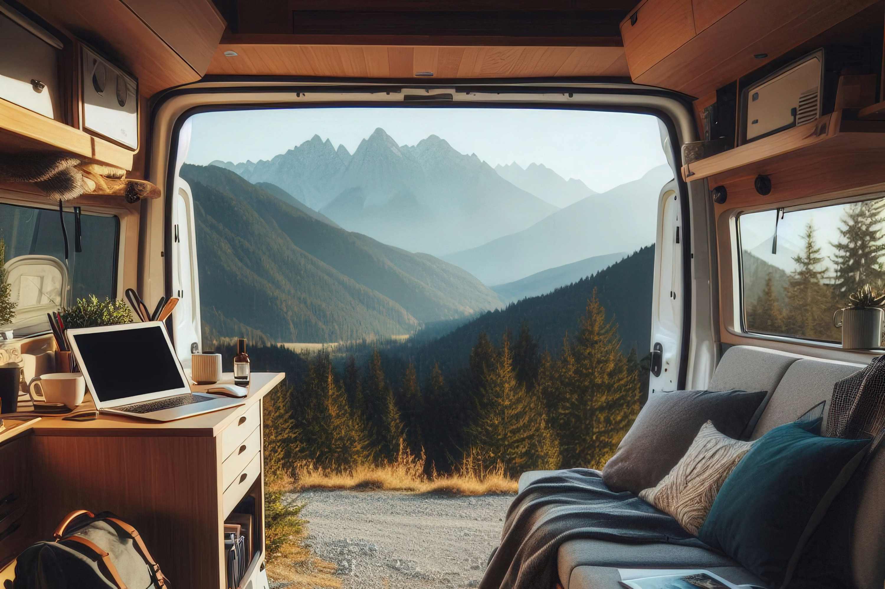 converted camper van with a desk and laptop