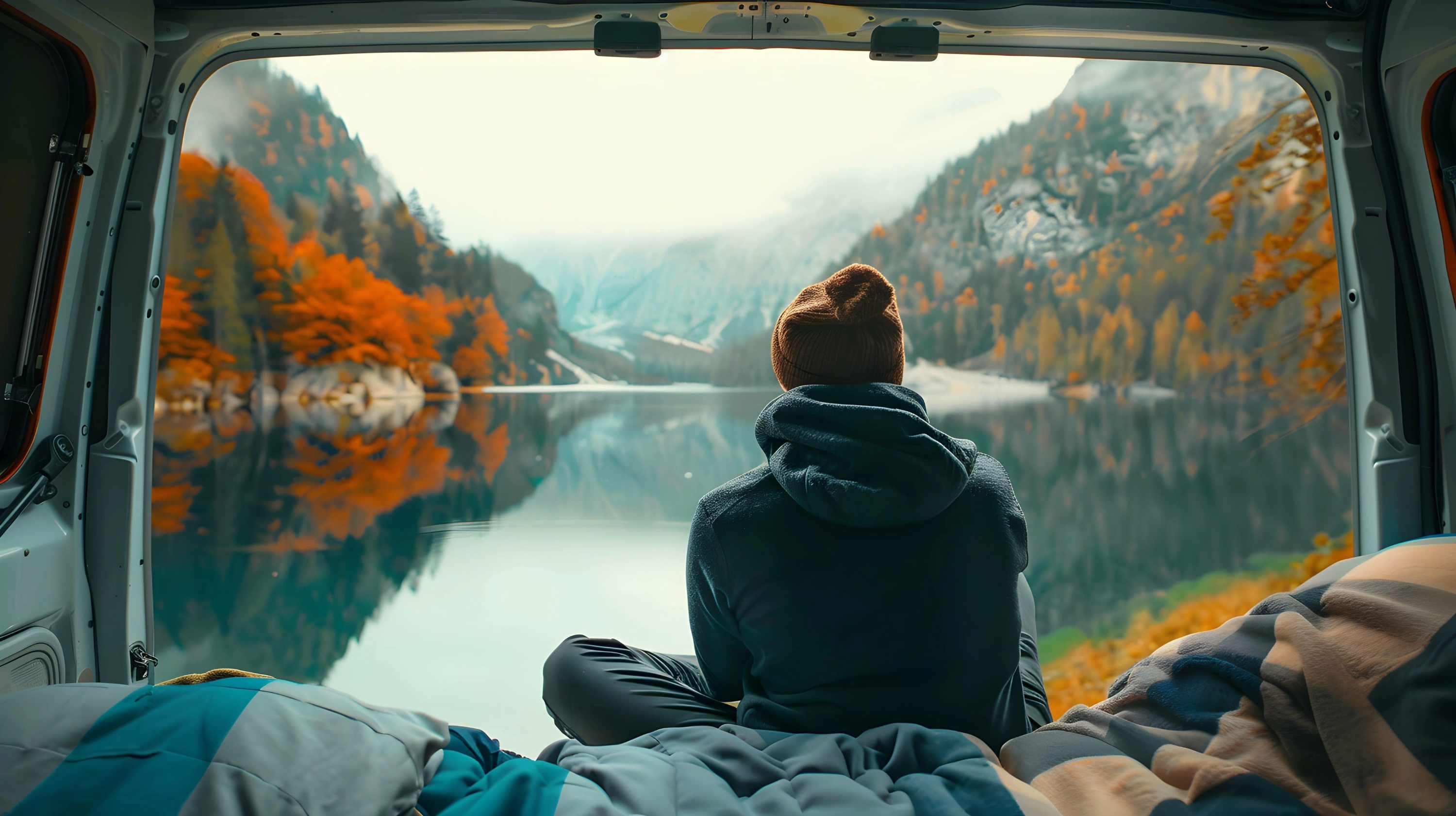 person sitting at the back doors of a camper van on a bed