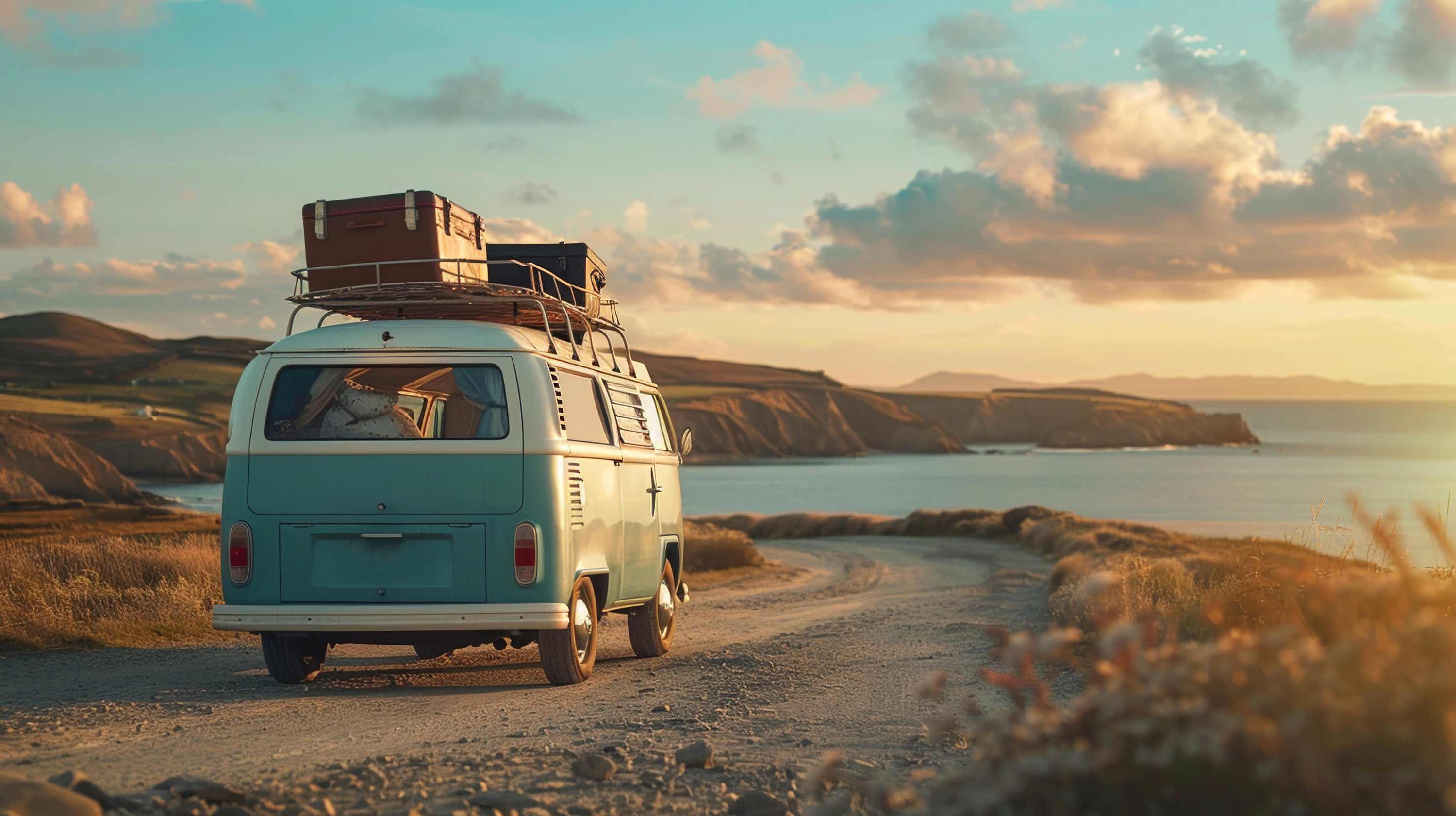 classic vw camper van by the coast carrying luggage